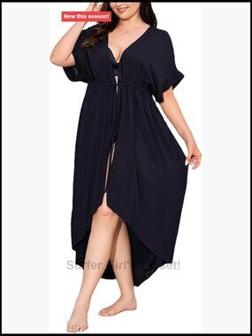 Plus Size Long Cover Up Stripe Bikini Coverups Kimono Tie Front Bathing Suit